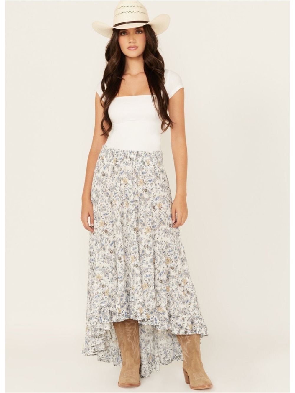 Wild Moss Paisley Print High-Low Ruffle Midi Skirt